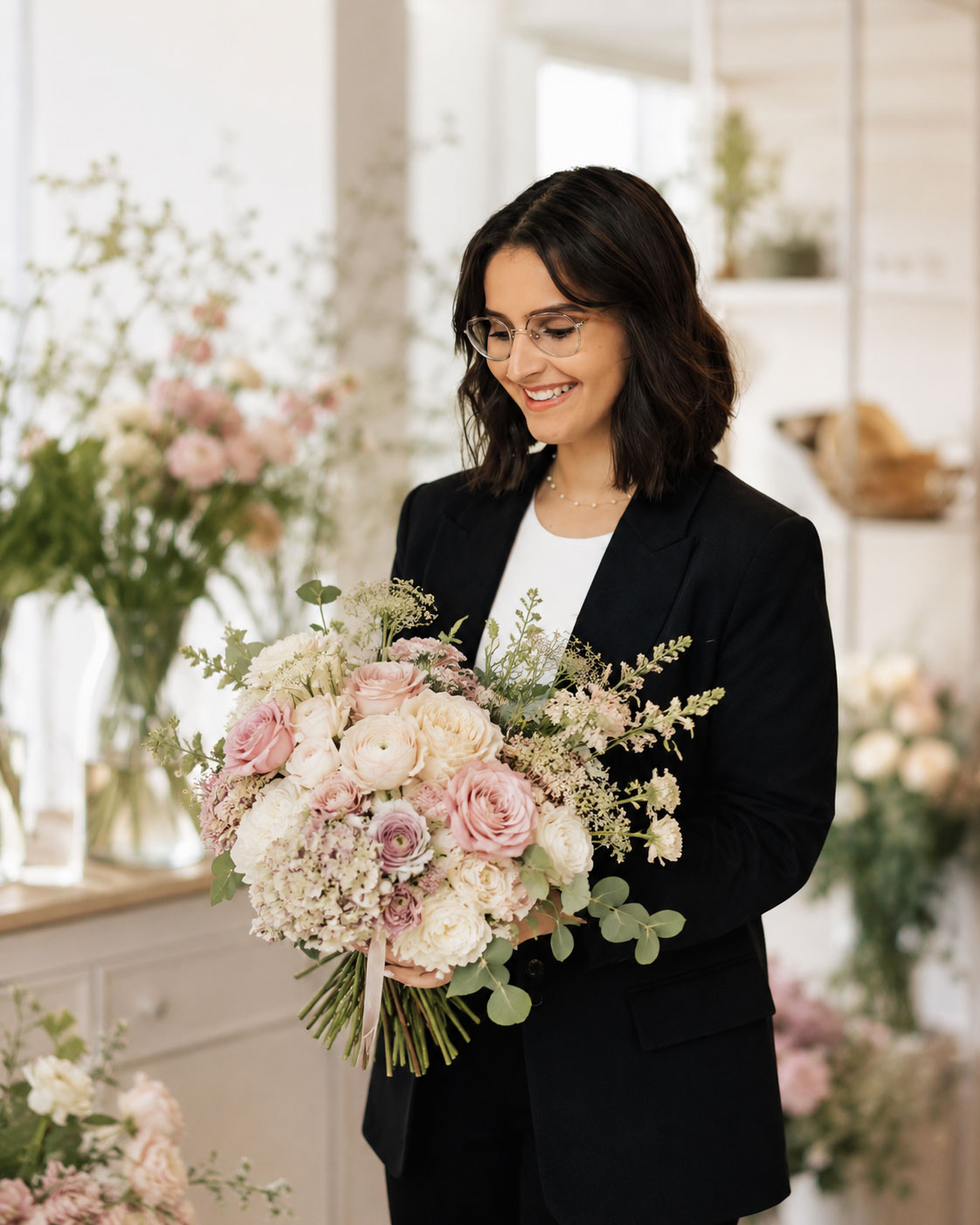 Floristin von Nuria’s Blumenatelier in Ostbevern mit liebevoll gestaltetem Blumenstrauß